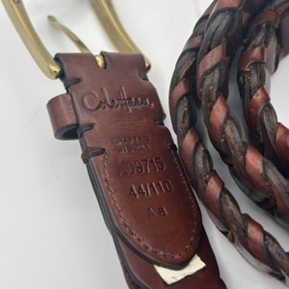 Cole Haan Woven Leather Belt Men Sz 44 Brown Braided Brass Buckle Casual - Picture 7 of 9